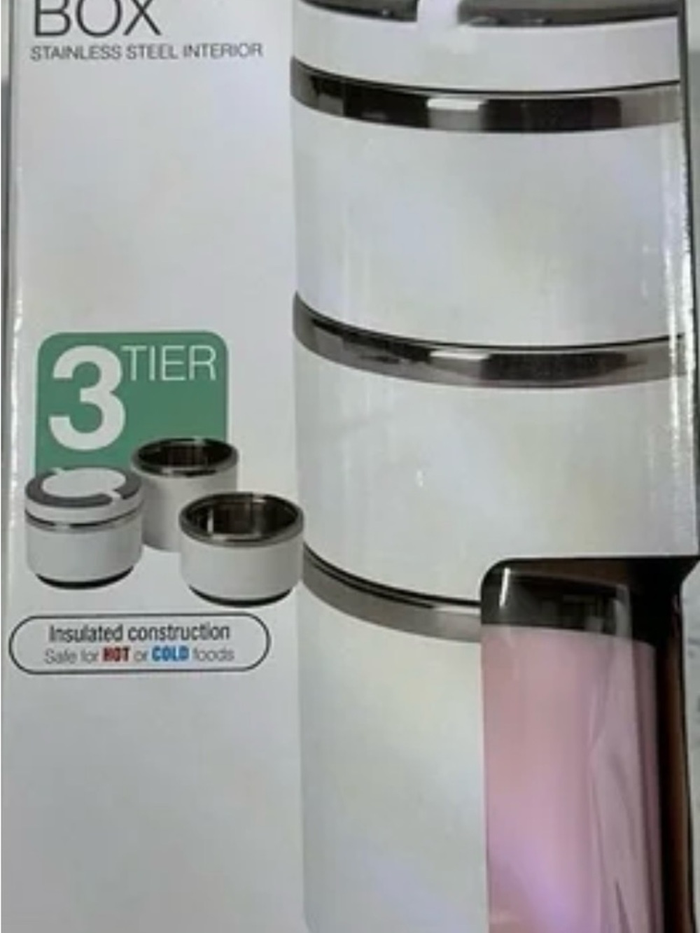 3-Tier Insulated Food Carrier - White with Silver Accents